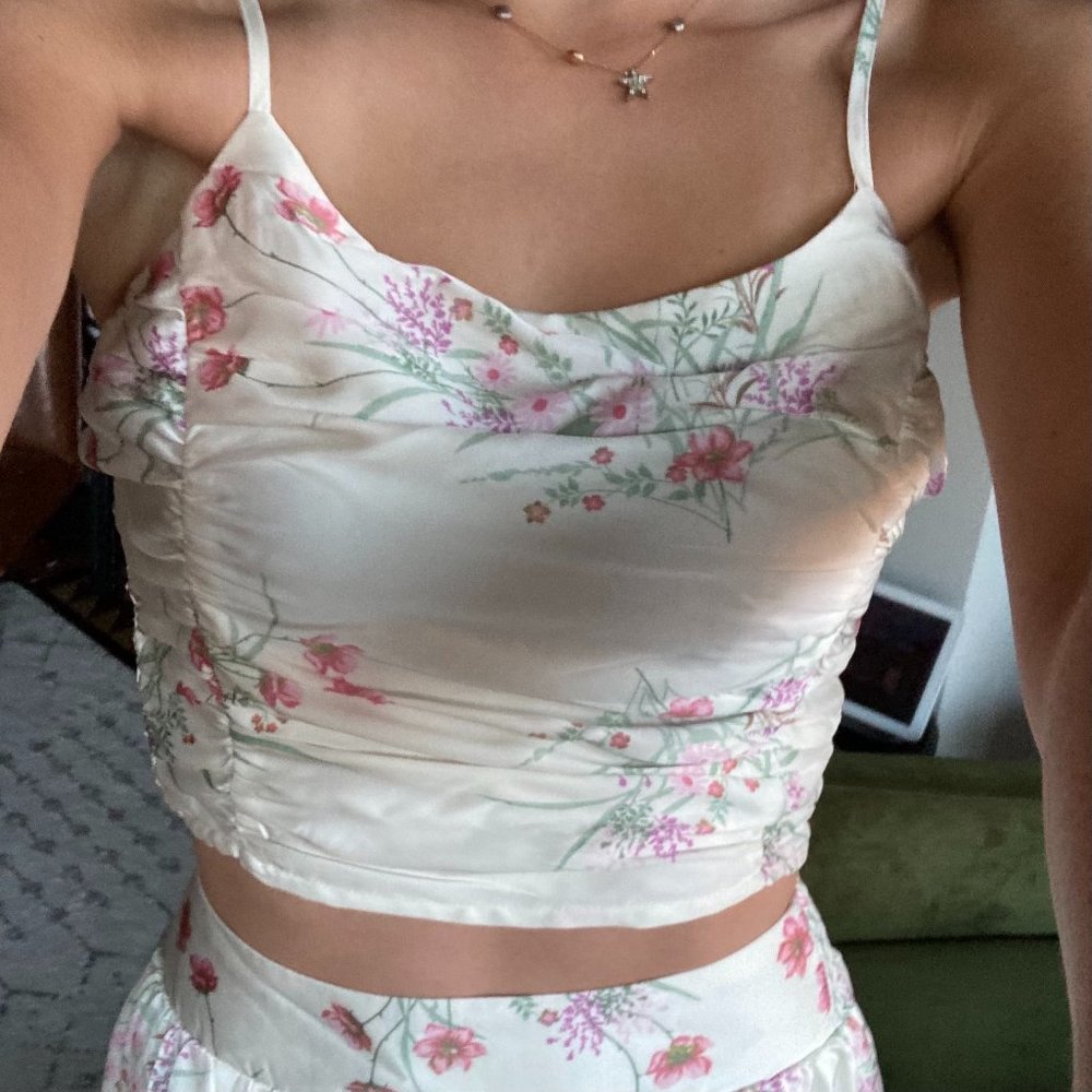 Joie Designer Silky Floral Botanical Two Piece Dress Set Skirt Crop Top XS 0-2